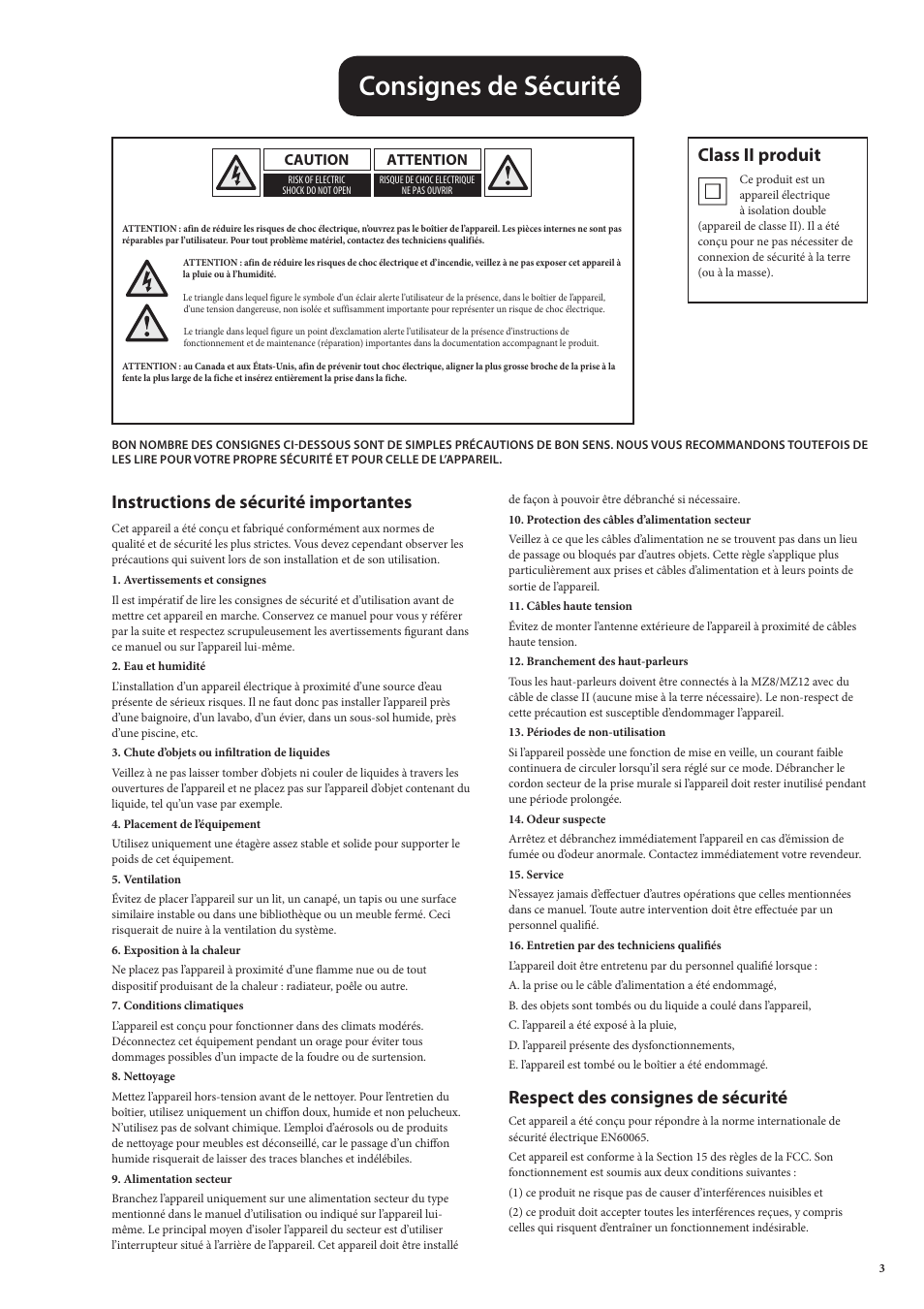 Instructions de sécurité importantes, Consignes de sécurité, Respect des consignes de sécurité | Class ii produit, Caution, Attention | Arcam MULTI ZONE POWER AMPLIFIER MZ8 User Manual | Page 3 / 18