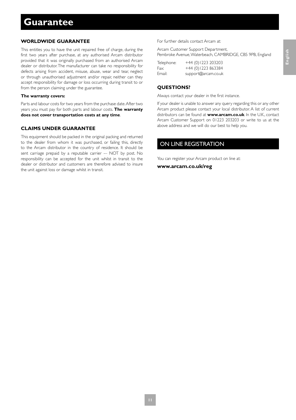Guarantee, On line registration | Arcam T31 User Manual | Page 11 / 11