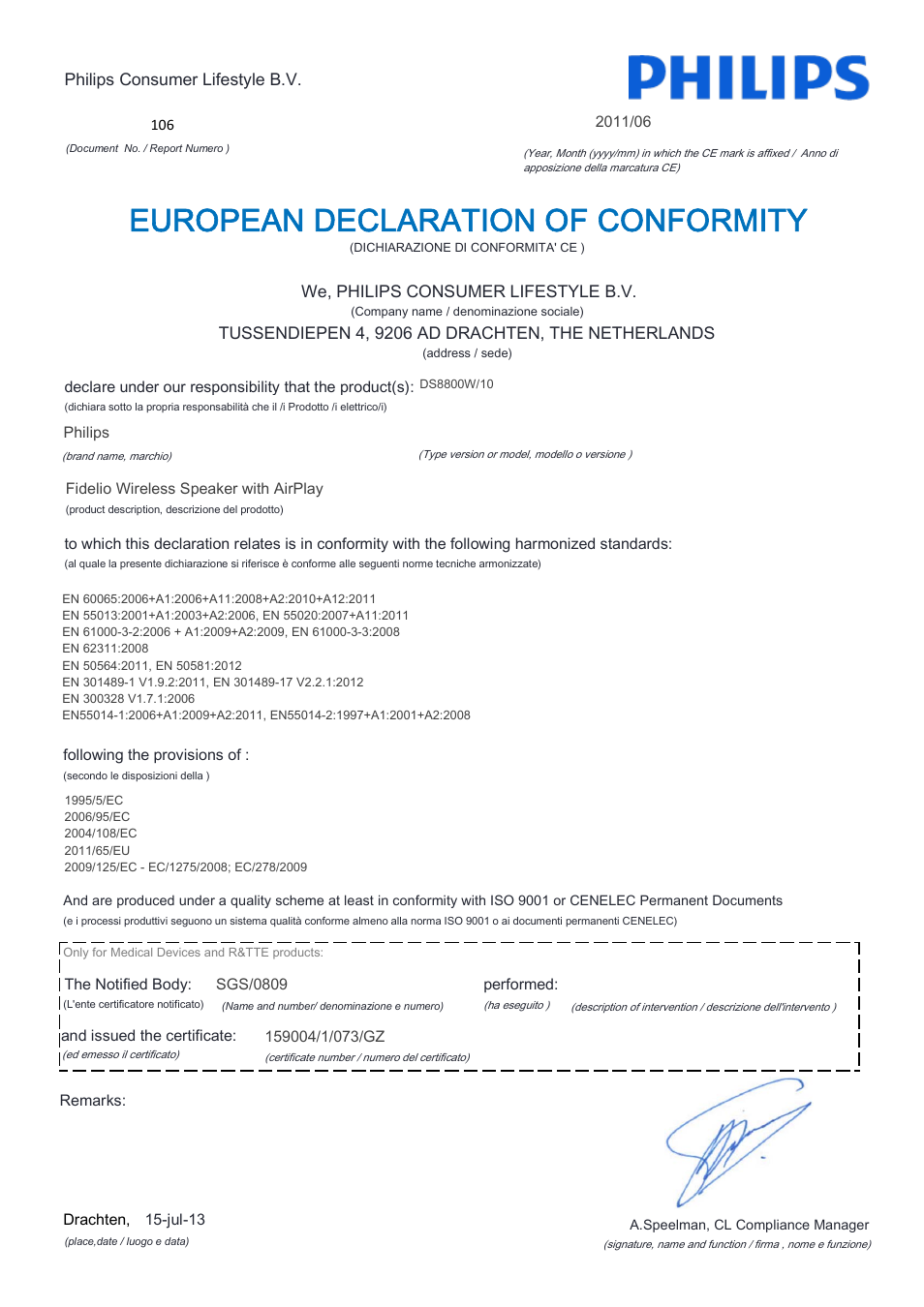 European declaration of conformity | Philips Fidelio Enceinte sans fil SoundCurve User Manual | Page 10 / 21
