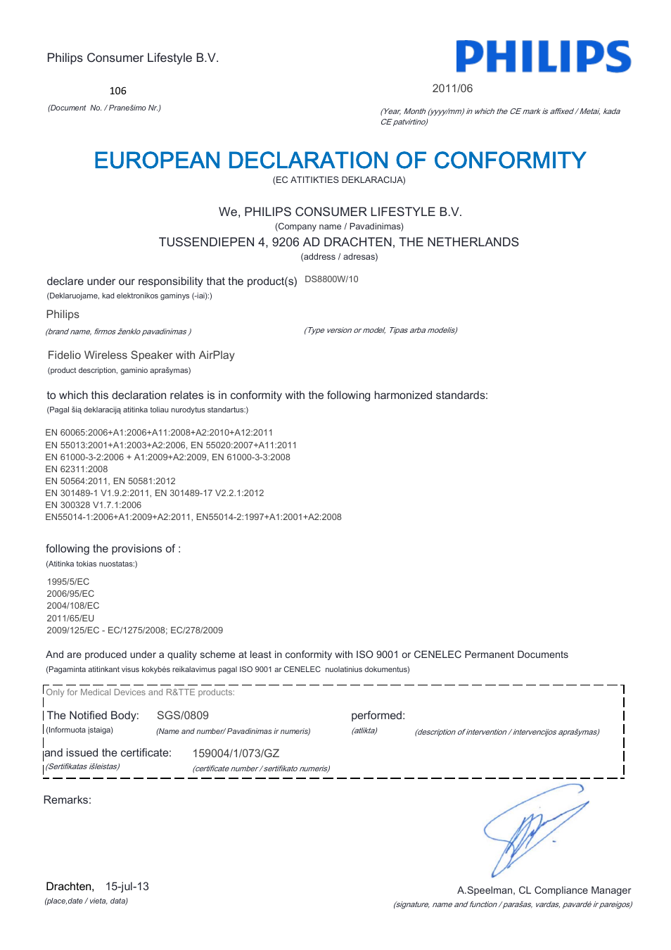European declaration of conformity | Philips Fidelio Enceinte sans fil SoundCurve User Manual | Page 11 / 21