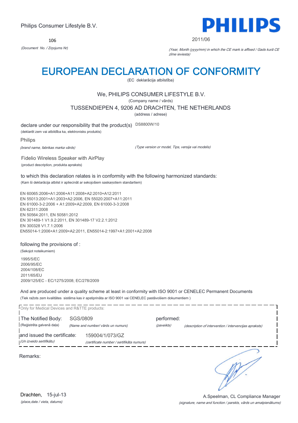 European declaration of conformity | Philips Fidelio Enceinte sans fil SoundCurve User Manual | Page 12 / 21