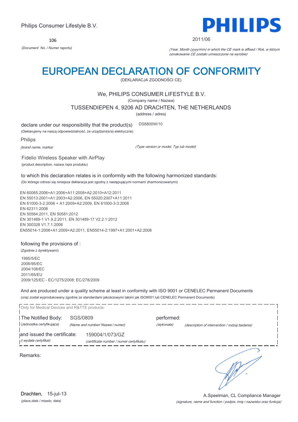 European declaration of conformity | Philips Fidelio Enceinte sans fil SoundCurve User Manual | Page 13 / 21