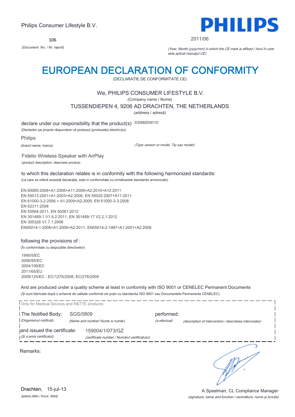 European declaration of conformity | Philips Fidelio Enceinte sans fil SoundCurve User Manual | Page 15 / 21