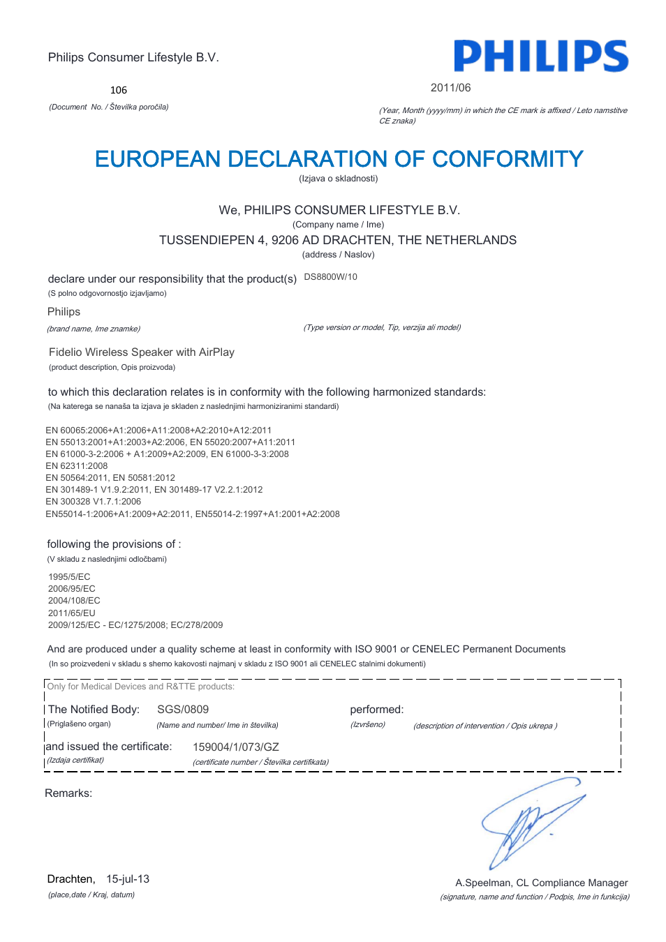 European declaration of conformity | Philips Fidelio Enceinte sans fil SoundCurve User Manual | Page 18 / 21