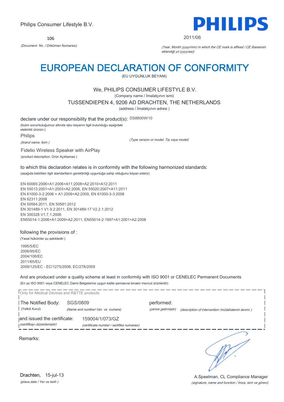 European declaration of conformity | Philips Fidelio Enceinte sans fil SoundCurve User Manual | Page 19 / 21