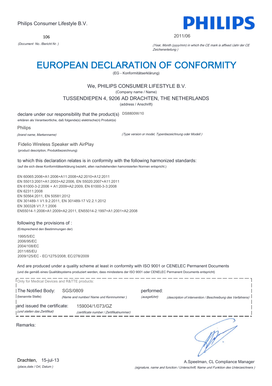 European declaration of conformity | Philips Fidelio Enceinte sans fil SoundCurve User Manual | Page 2 / 21