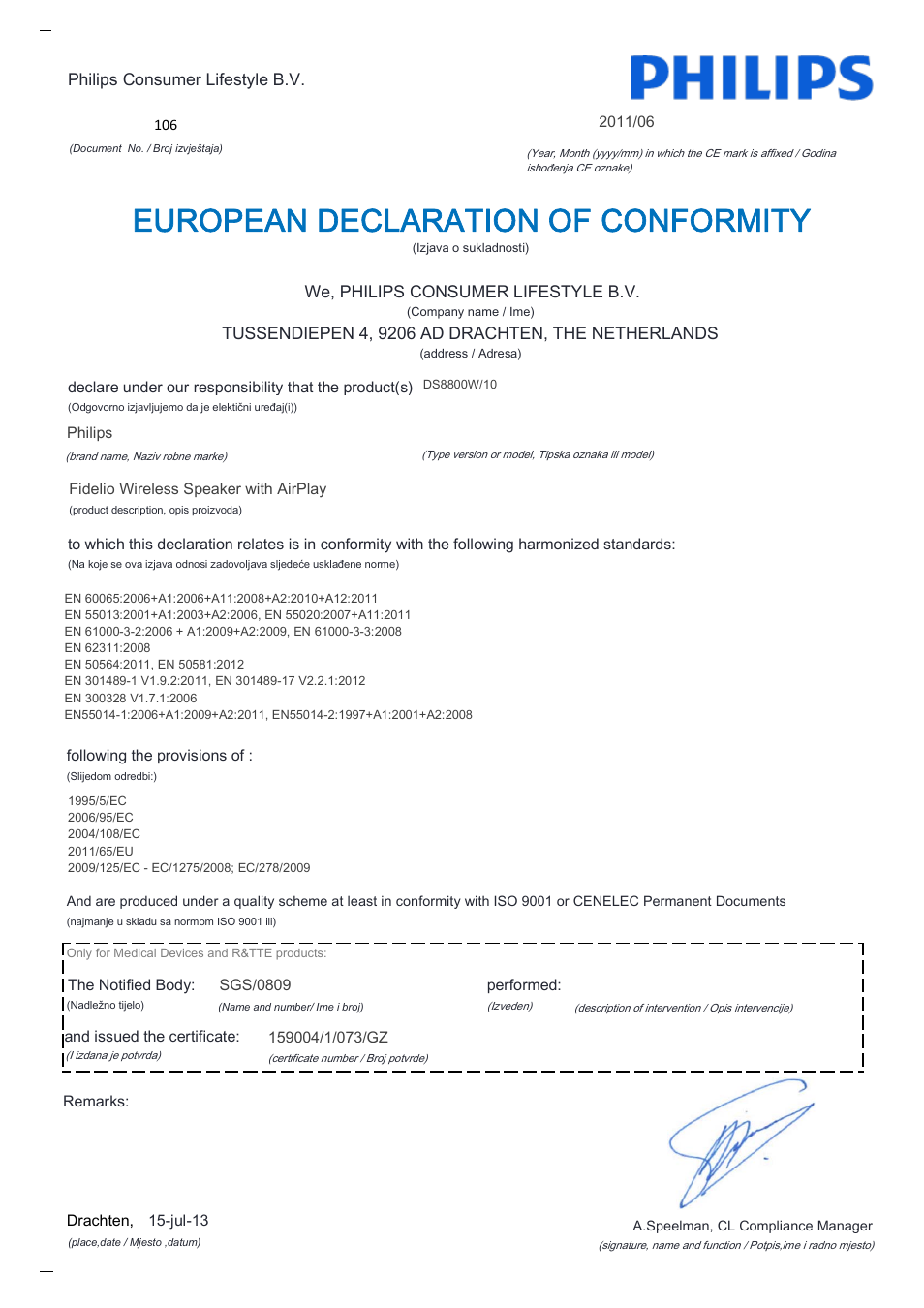 European declaration of conformity | Philips Fidelio Enceinte sans fil SoundCurve User Manual | Page 20 / 21