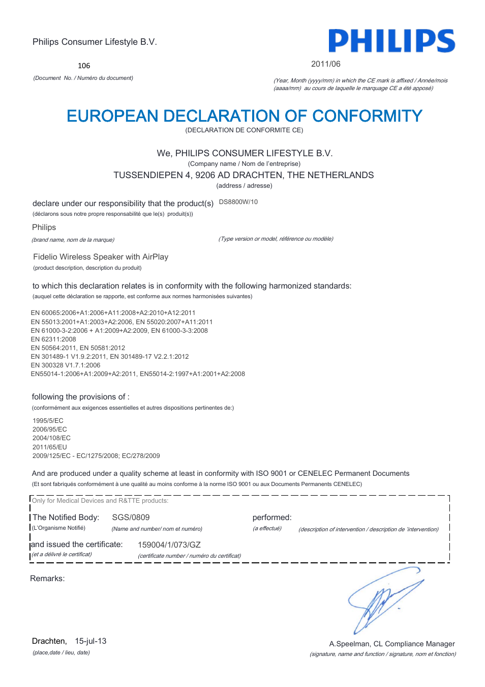 European declaration of conformity | Philips Fidelio Enceinte sans fil SoundCurve User Manual | Page 3 / 21