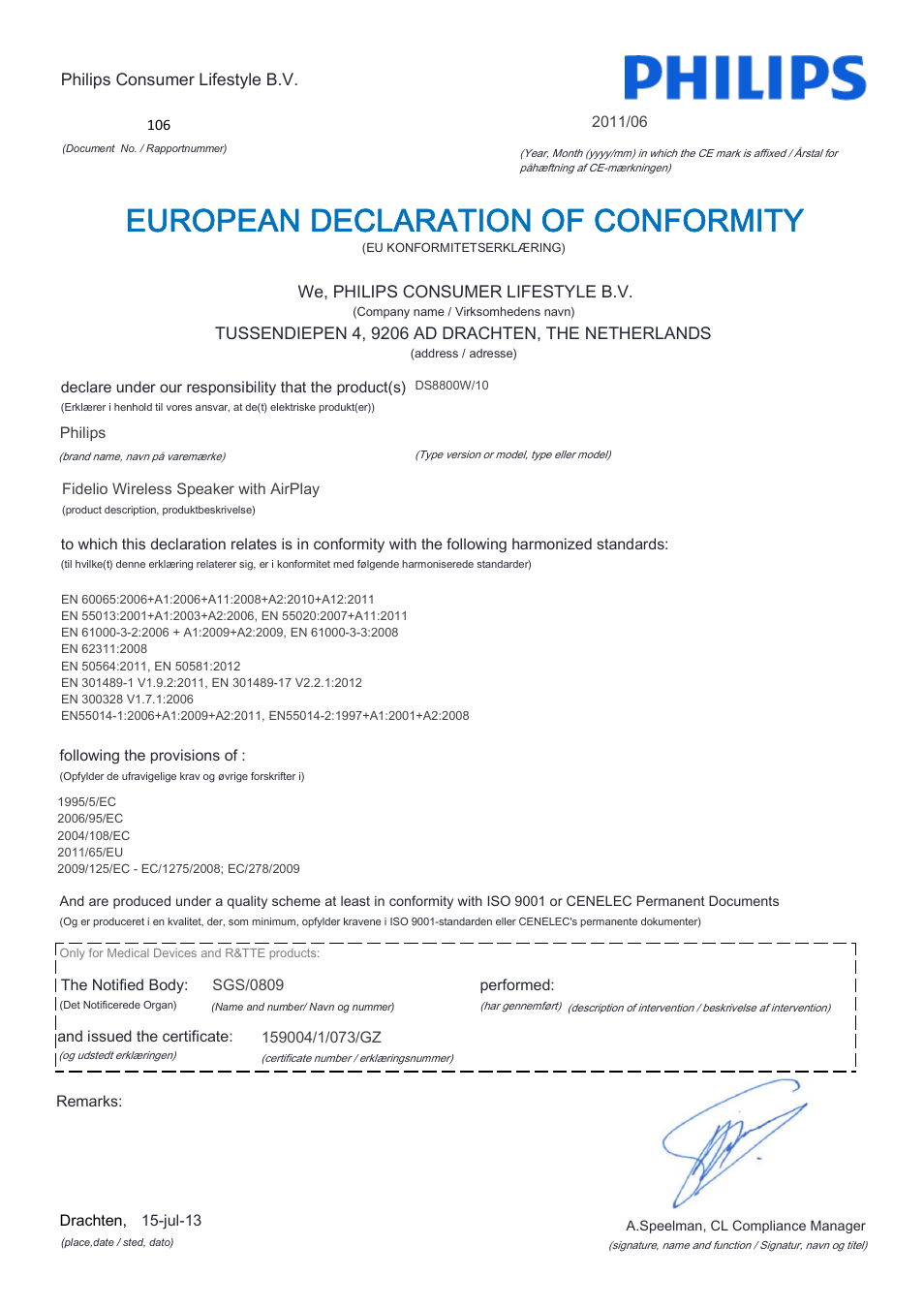 European declaration of conformity | Philips Fidelio Enceinte sans fil SoundCurve User Manual | Page 6 / 21
