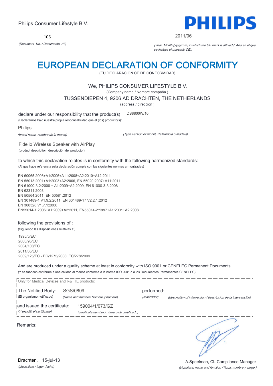 European declaration of conformity | Philips Fidelio Enceinte sans fil SoundCurve User Manual | Page 7 / 21