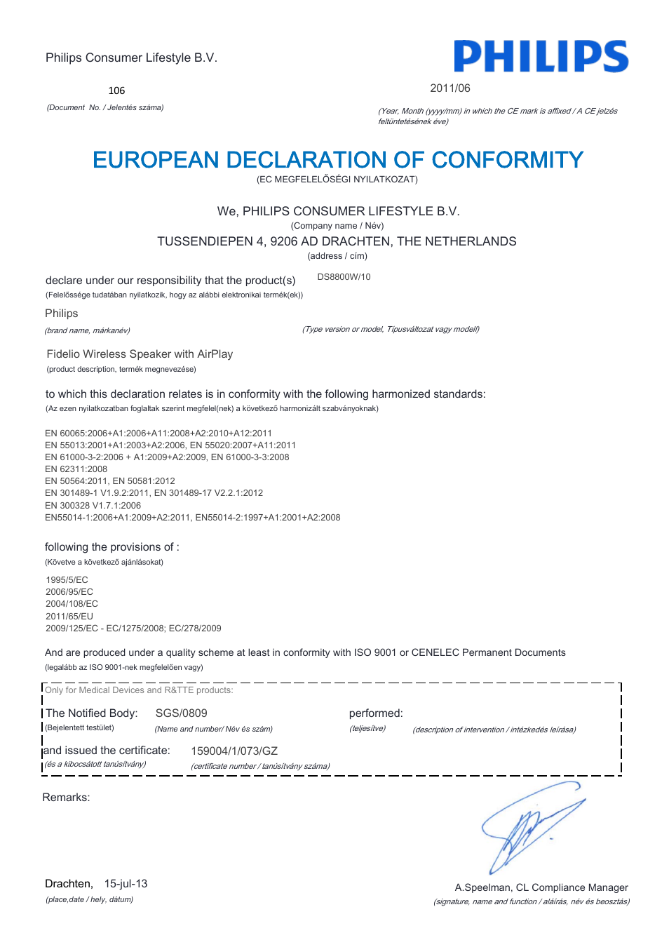 European declaration of conformity | Philips Fidelio Enceinte sans fil SoundCurve User Manual | Page 9 / 21