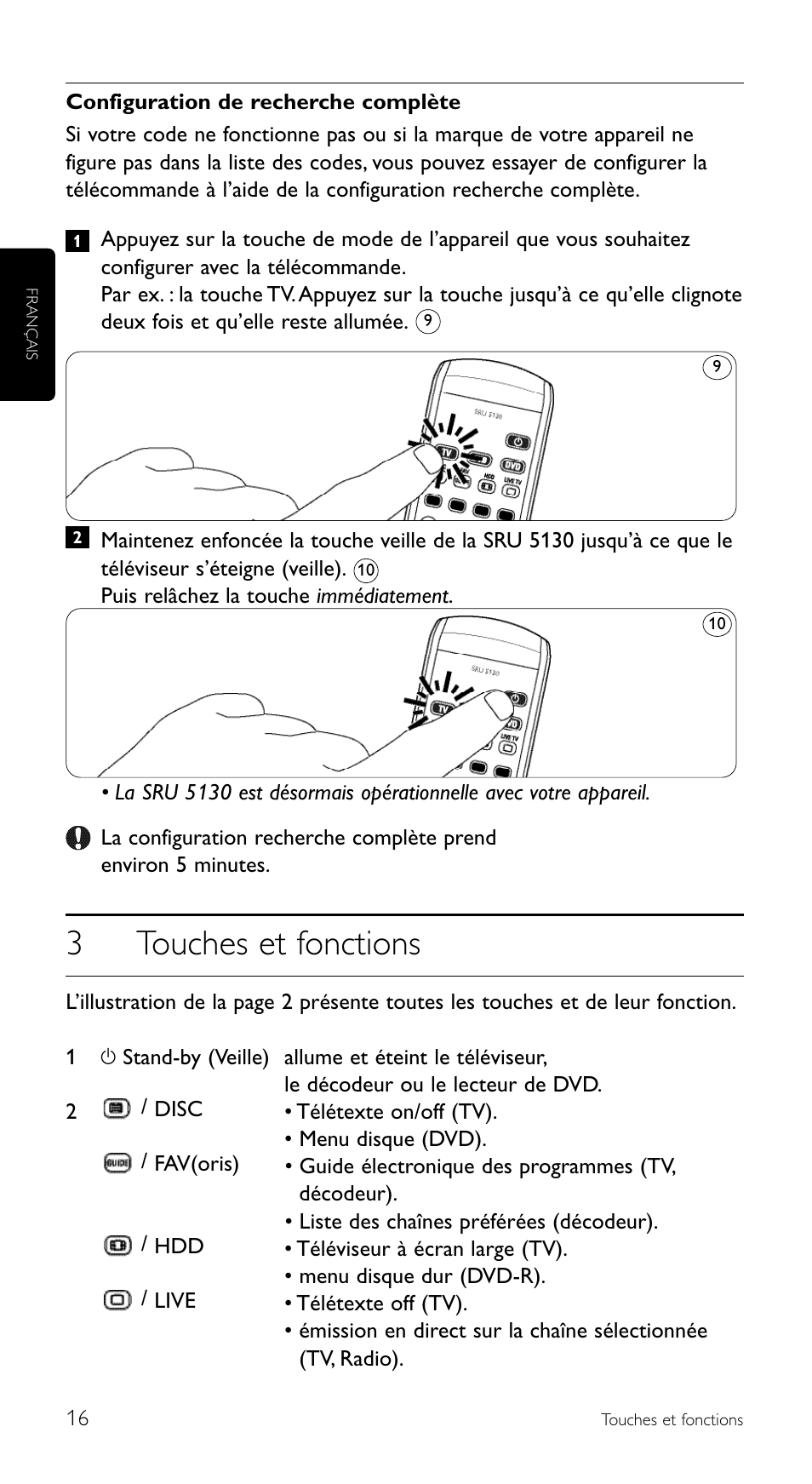 3touches et fonctions | Philips Télécommande universelle User Manual | Page 16 / 100