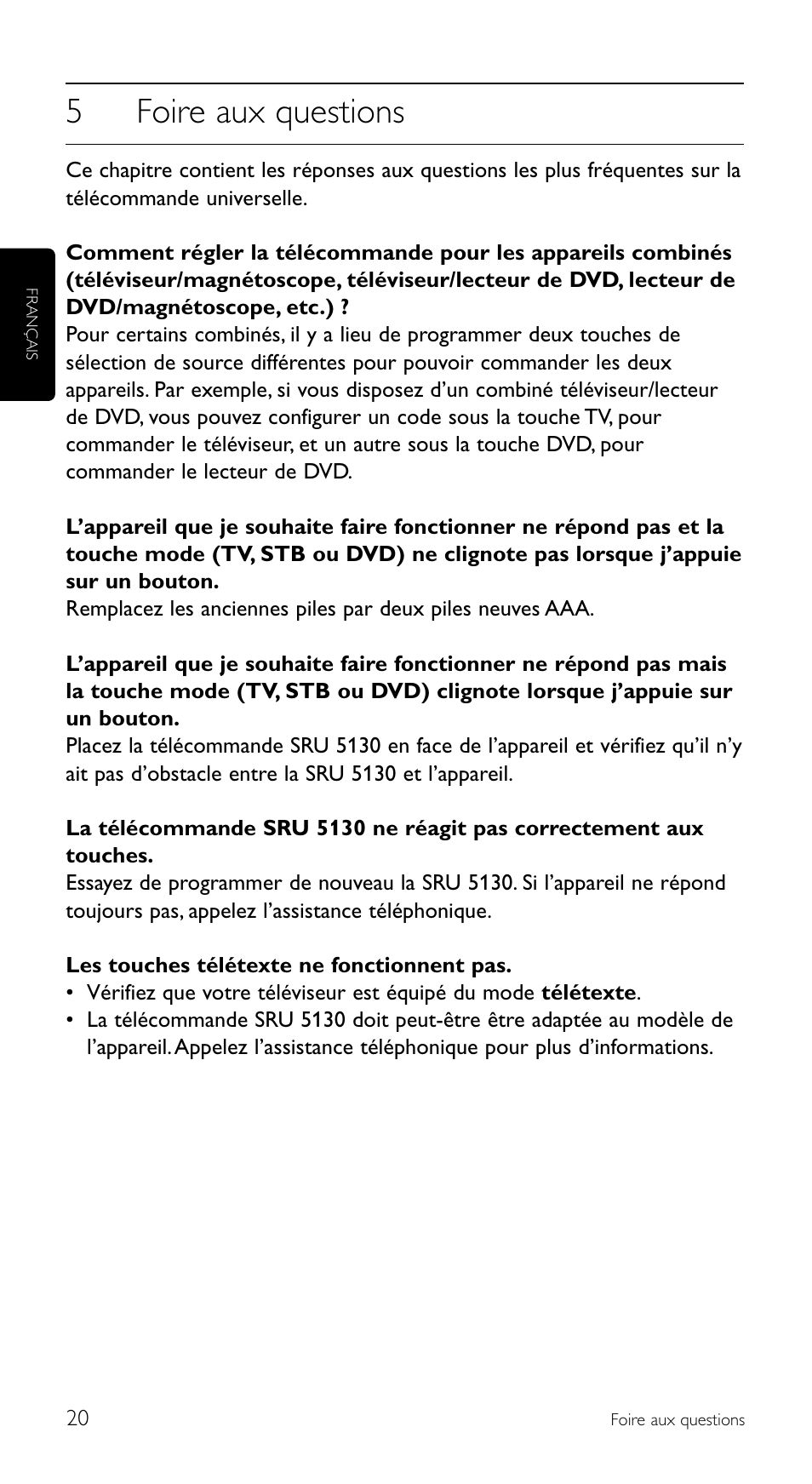 5foire aux questions | Philips Télécommande universelle User Manual | Page 20 / 100