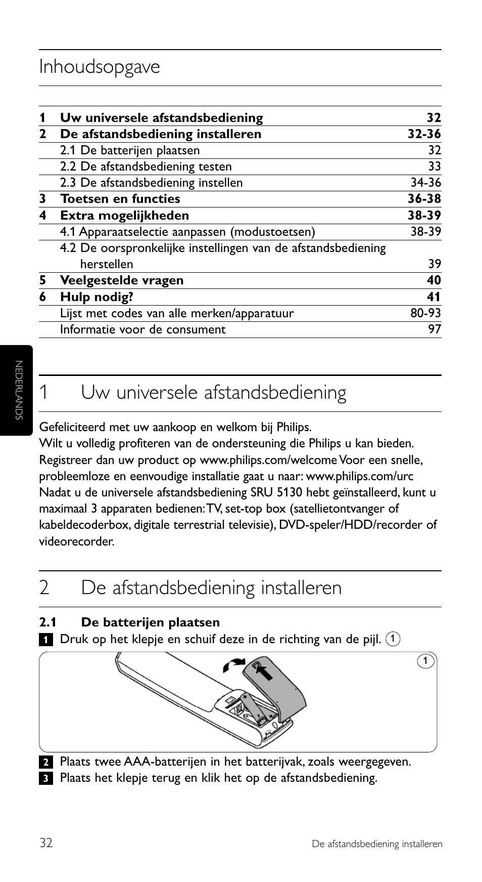 Inhoudsopgave, 1uw universele afstandsbediening, 2de afstandsbediening installeren | Philips Télécommande universelle User Manual | Page 32 / 100