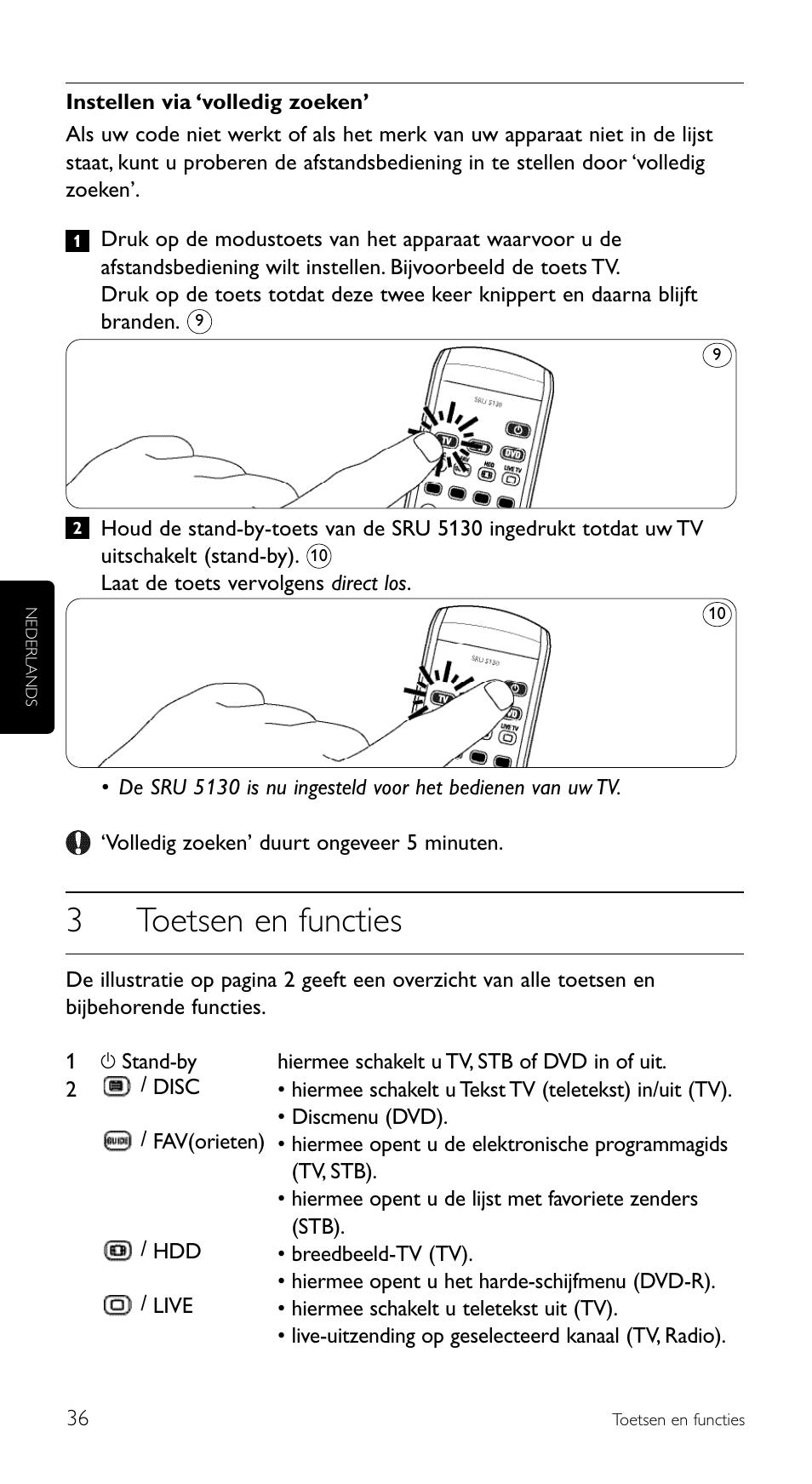 3toetsen en functies | Philips Télécommande universelle User Manual | Page 36 / 100