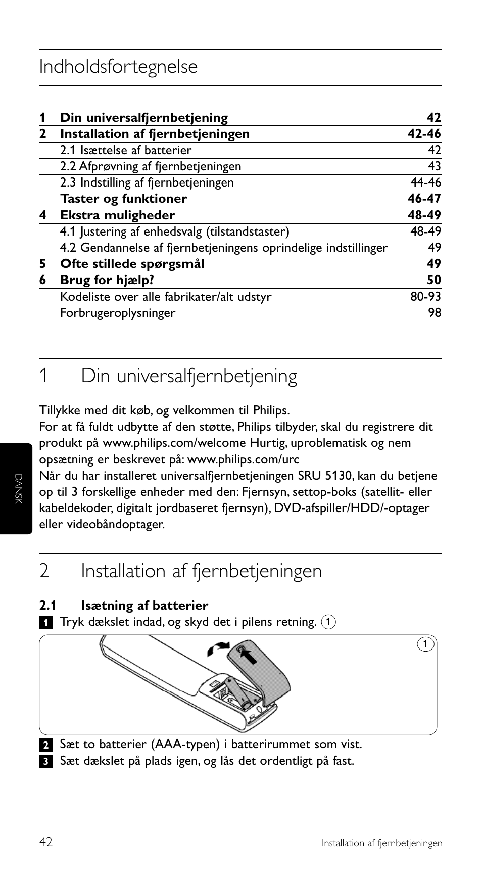 Indholdsfortegnelse, 1din universalfjernbetjening, 2installation af fjernbetjeningen | Philips Télécommande universelle User Manual | Page 42 / 100