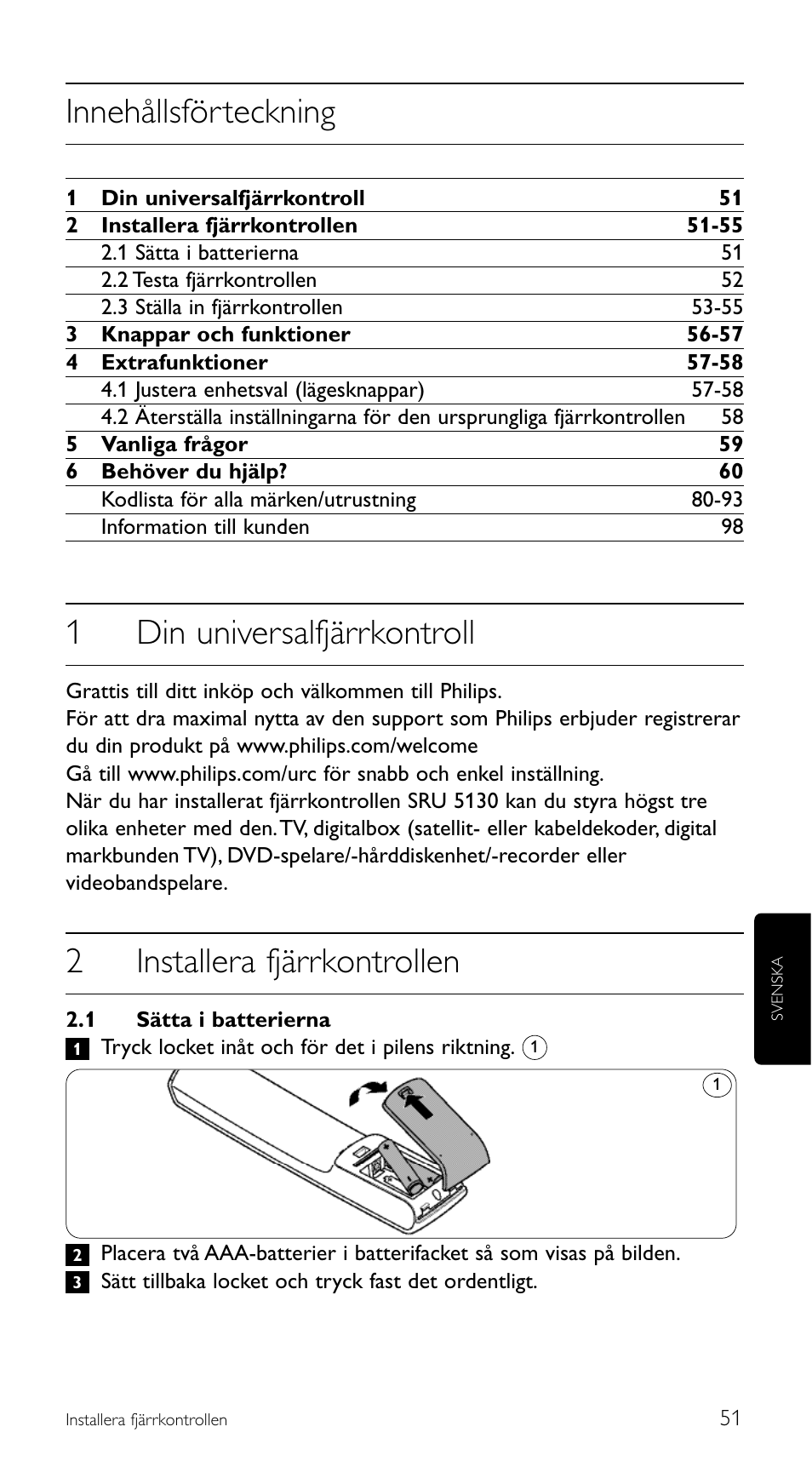 Innehållsförteckning, 1din universalfjärrkontroll, 2installera fjärrkontrollen | Philips Télécommande universelle User Manual | Page 51 / 100