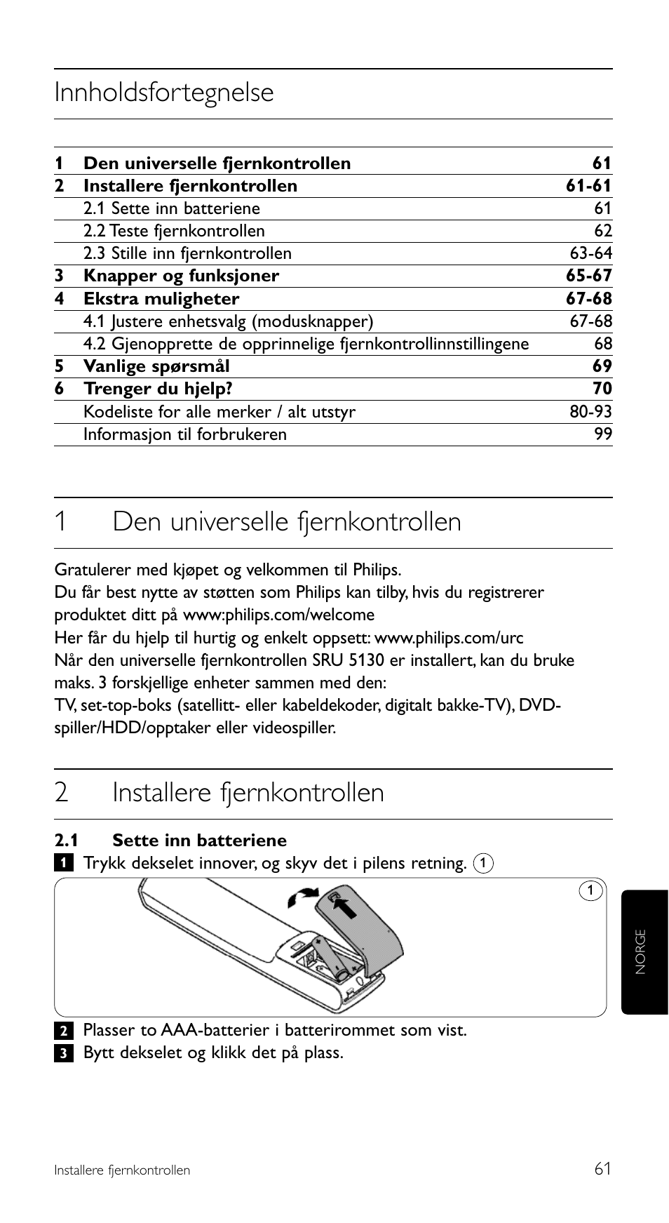 Innholdsfortegnelse, 1den universelle fjernkontrollen, 2installere fjernkontrollen | Philips Télécommande universelle User Manual | Page 61 / 100