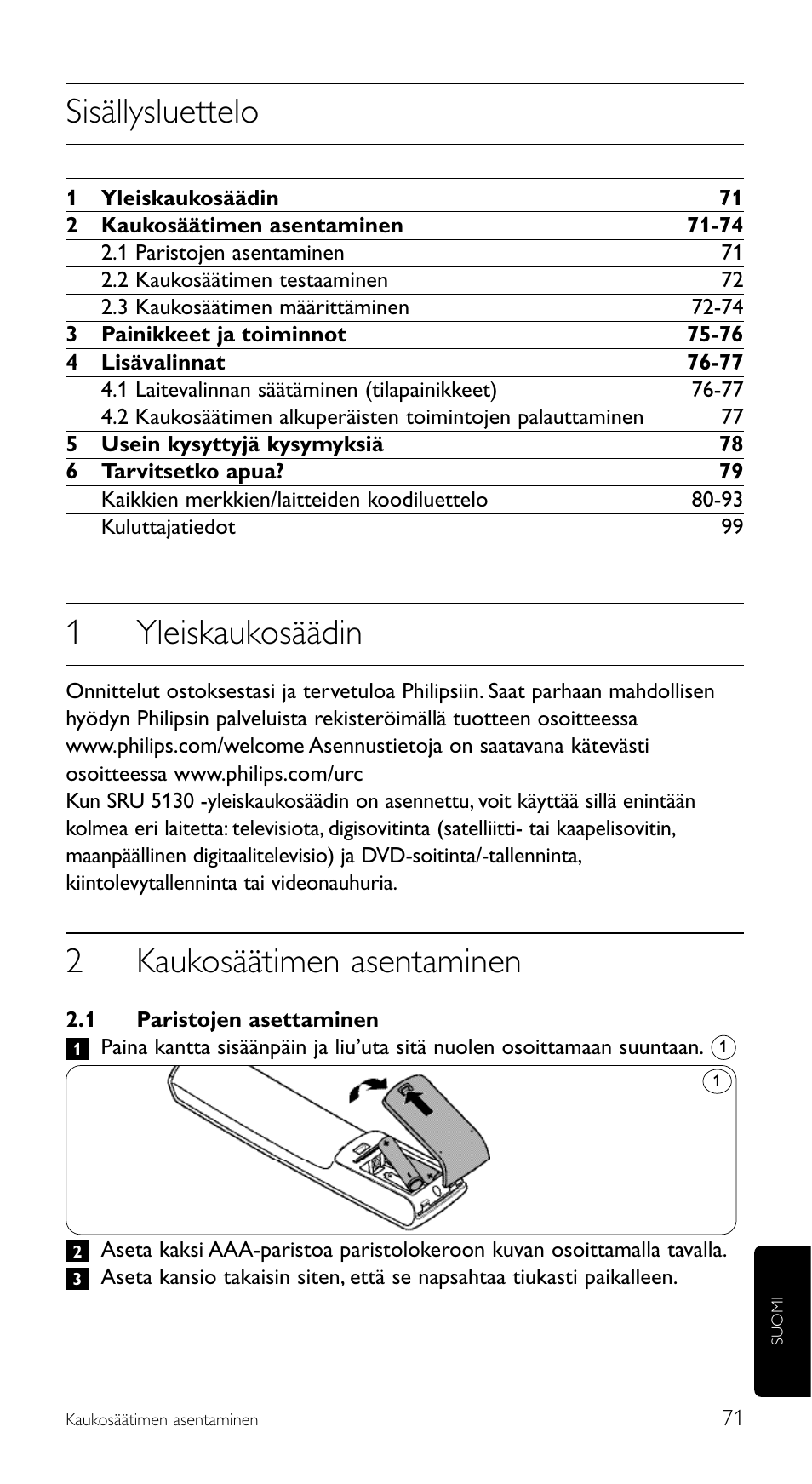 Sisällysluettelo, 1yleiskaukosäädin, 2kaukosäätimen asentaminen | Philips Télécommande universelle User Manual | Page 71 / 100