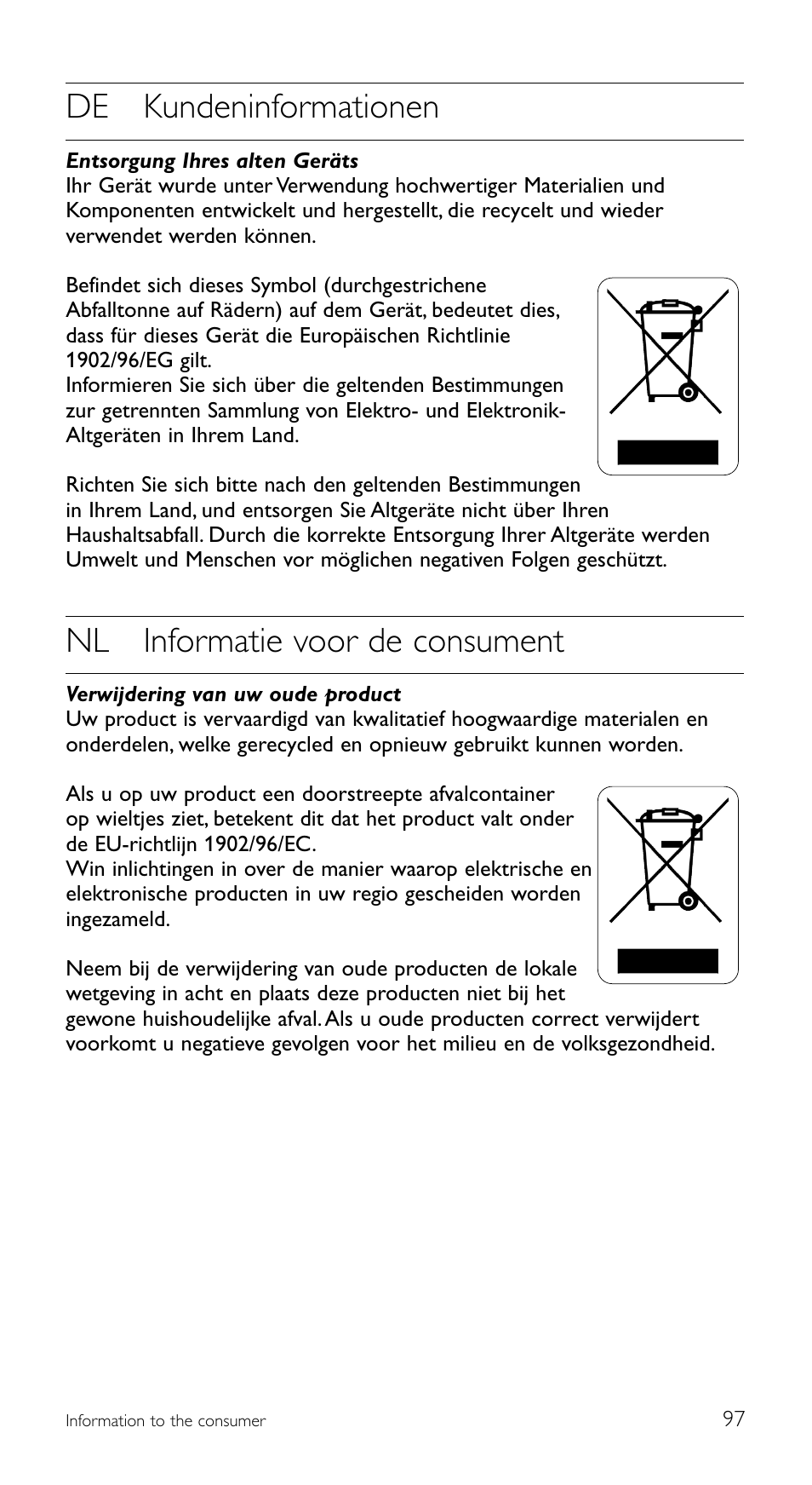 De kundeninformationen, Nl informatie voor de consument | Philips Télécommande universelle User Manual | Page 97 / 100