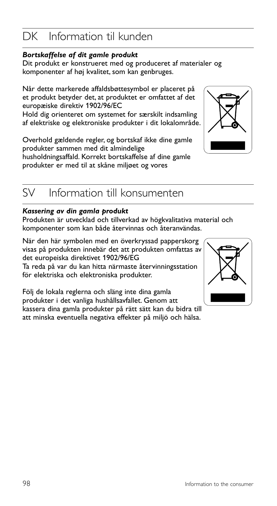 Dk information til kunden, Sv information till konsumenten | Philips Télécommande universelle User Manual | Page 98 / 100