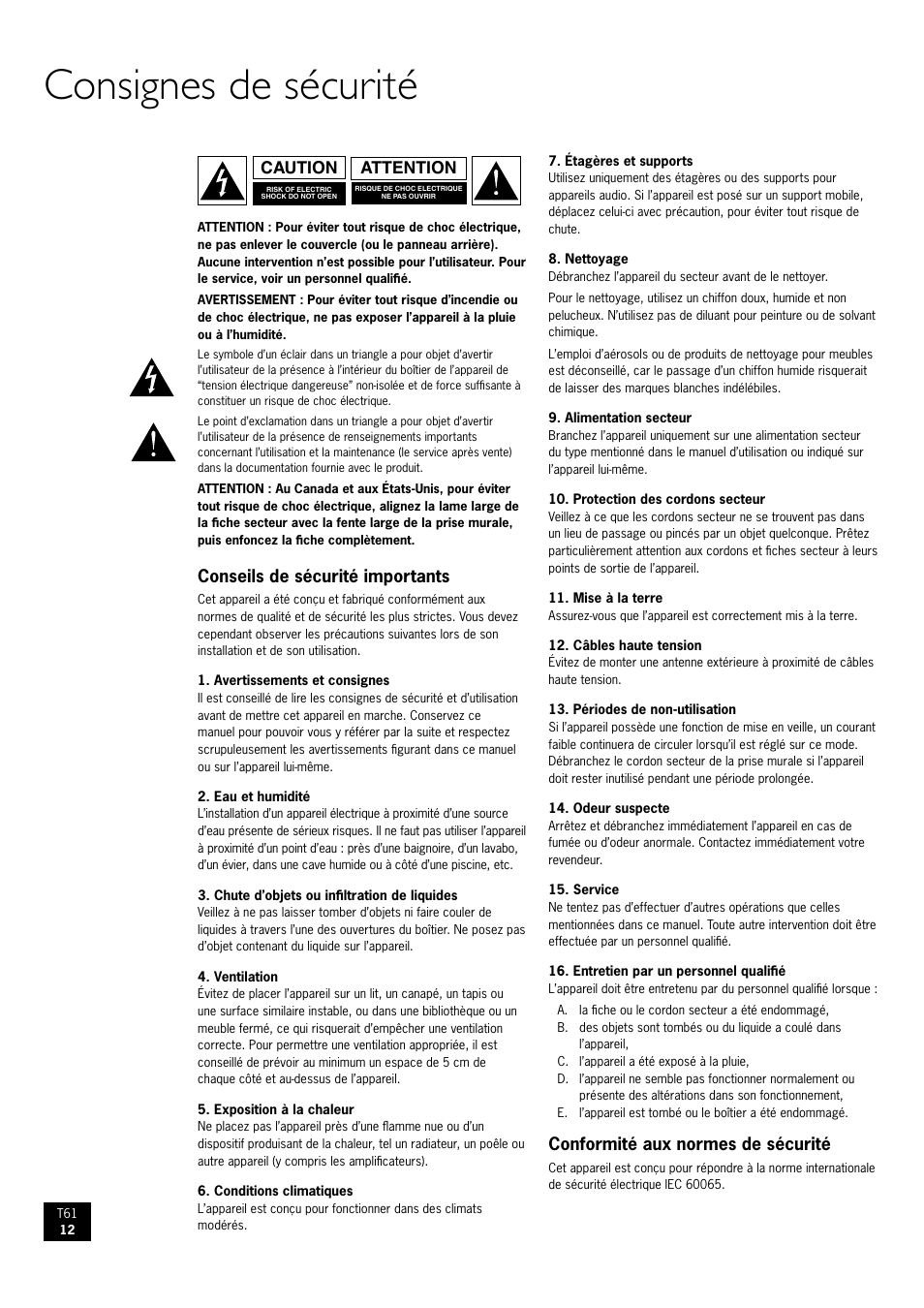 Consignes de sécurité, Conseils de sécurité importants, Conformité aux normes de sécurité | Attention caution | Arcam AM/FM Tuner T61 User Manual | Page 12 / 32