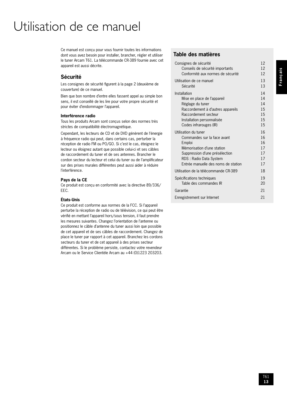 Arcam AM/FM Tuner T61 User Manual | Page 13 / 32