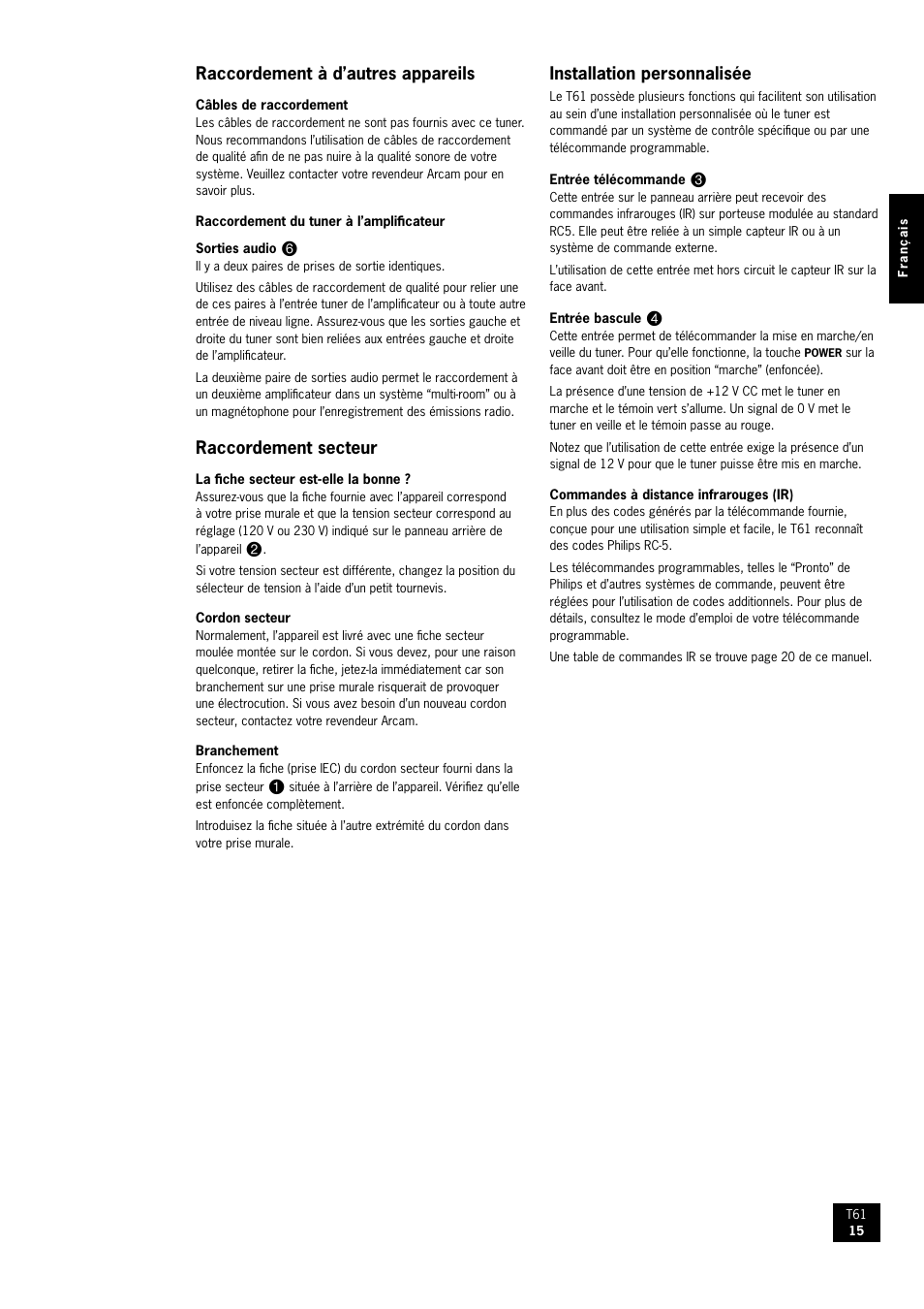 Raccordement à d’autres appareils, Raccordement secteur, Installation personnalisée | Arcam AM/FM Tuner T61 User Manual | Page 15 / 32