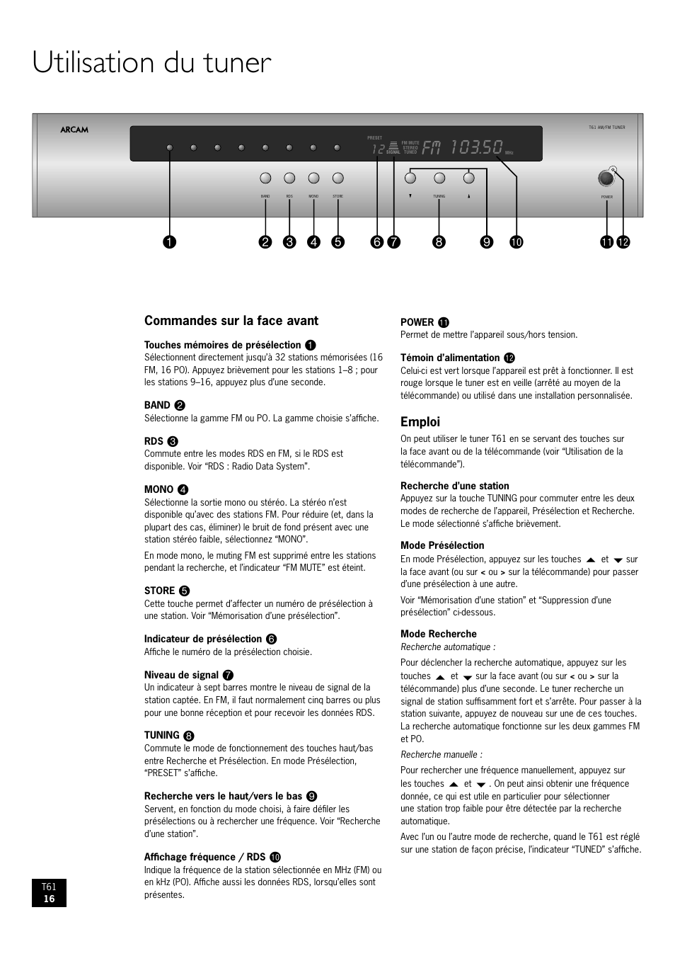 Utilisation du tuner | Arcam AM/FM Tuner T61 User Manual | Page 16 / 32