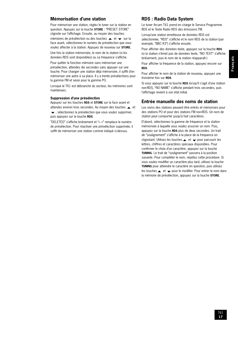 Mémorisation d’une station, Rds : radio data system, Entrée manuelle des noms de station | Arcam AM/FM Tuner T61 User Manual | Page 17 / 32