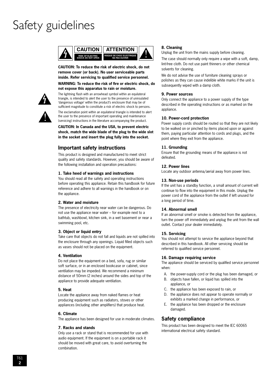 Safety guidelines, Important safety instructions, Safety compliance | Attention caution | Arcam AM/FM Tuner T61 User Manual | Page 2 / 32