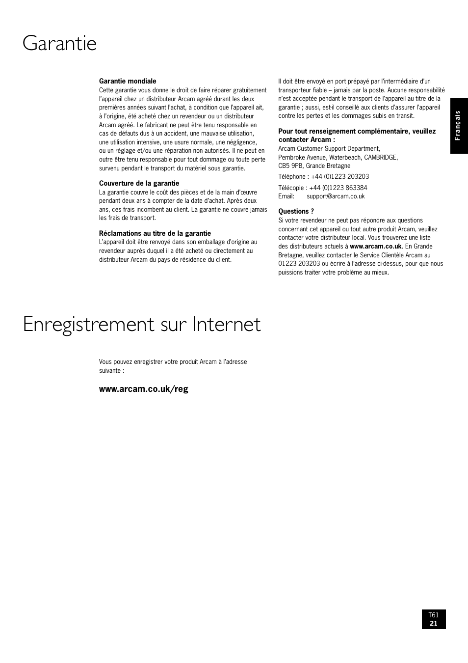 Garantie enregistrement sur internet | Arcam AM/FM Tuner T61 User Manual | Page 21 / 32