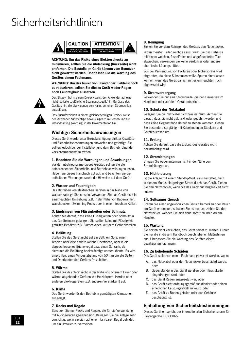 Sicherheitsrichtlinien, Wichtige sicherheitsanweisungen, Einhaltung von sicherheitsbestimmungen | Attention caution | Arcam AM/FM Tuner T61 User Manual | Page 22 / 32