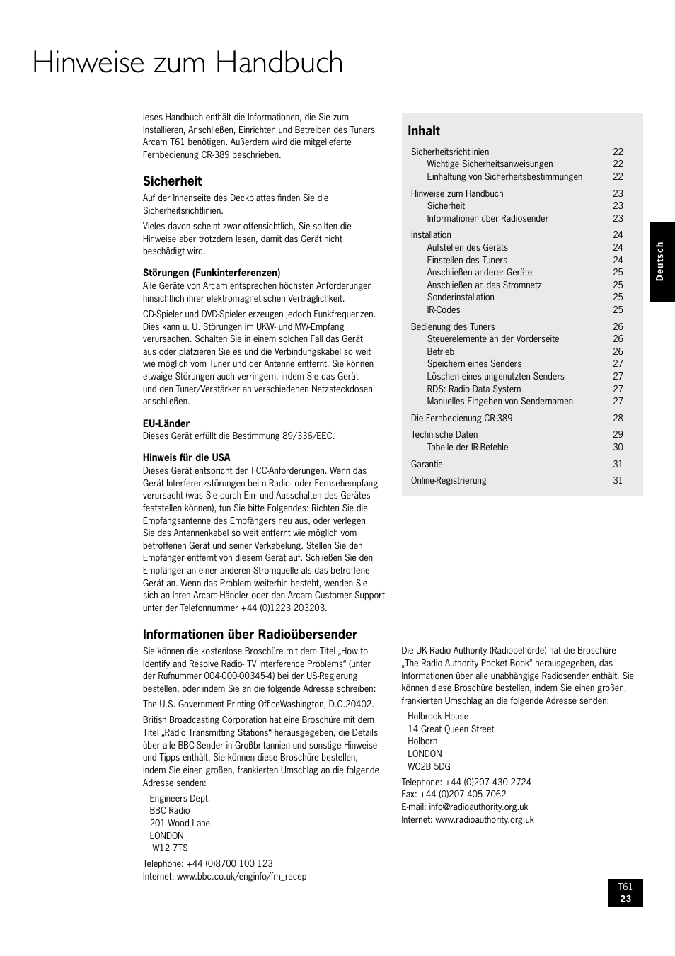 Hinweise zum handbuch, Inhalt, Sicherheit | Informationen über radioübersender | Arcam AM/FM Tuner T61 User Manual | Page 23 / 32