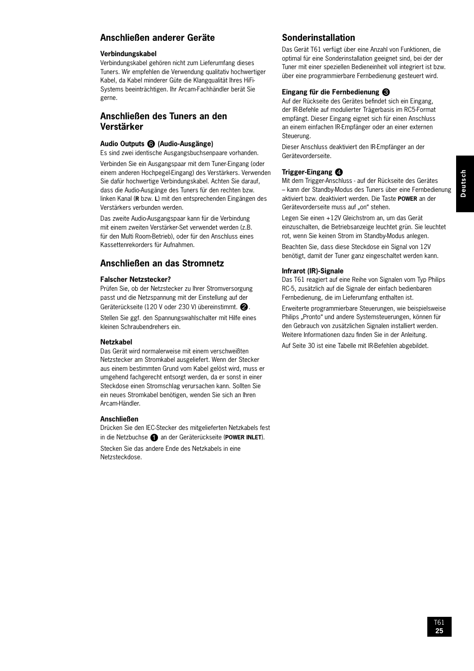 Anschließen anderer geräte, Anschließen des tuners an den verstärker, Anschließen an das stromnetz | Sonderinstallation | Arcam AM/FM Tuner T61 User Manual | Page 25 / 32
