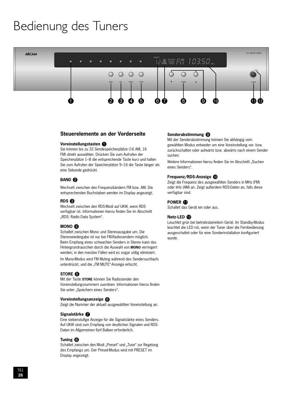 Bedienung des tuners | Arcam AM/FM Tuner T61 User Manual | Page 26 / 32
