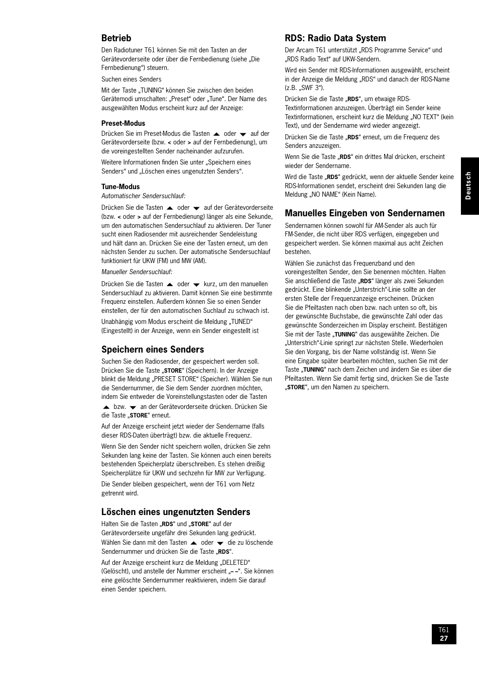 Betrieb, Speichern eines senders, Löschen eines ungenutzten senders | Rds: radio data system, Manuelles eingeben von sendernamen | Arcam AM/FM Tuner T61 User Manual | Page 27 / 32