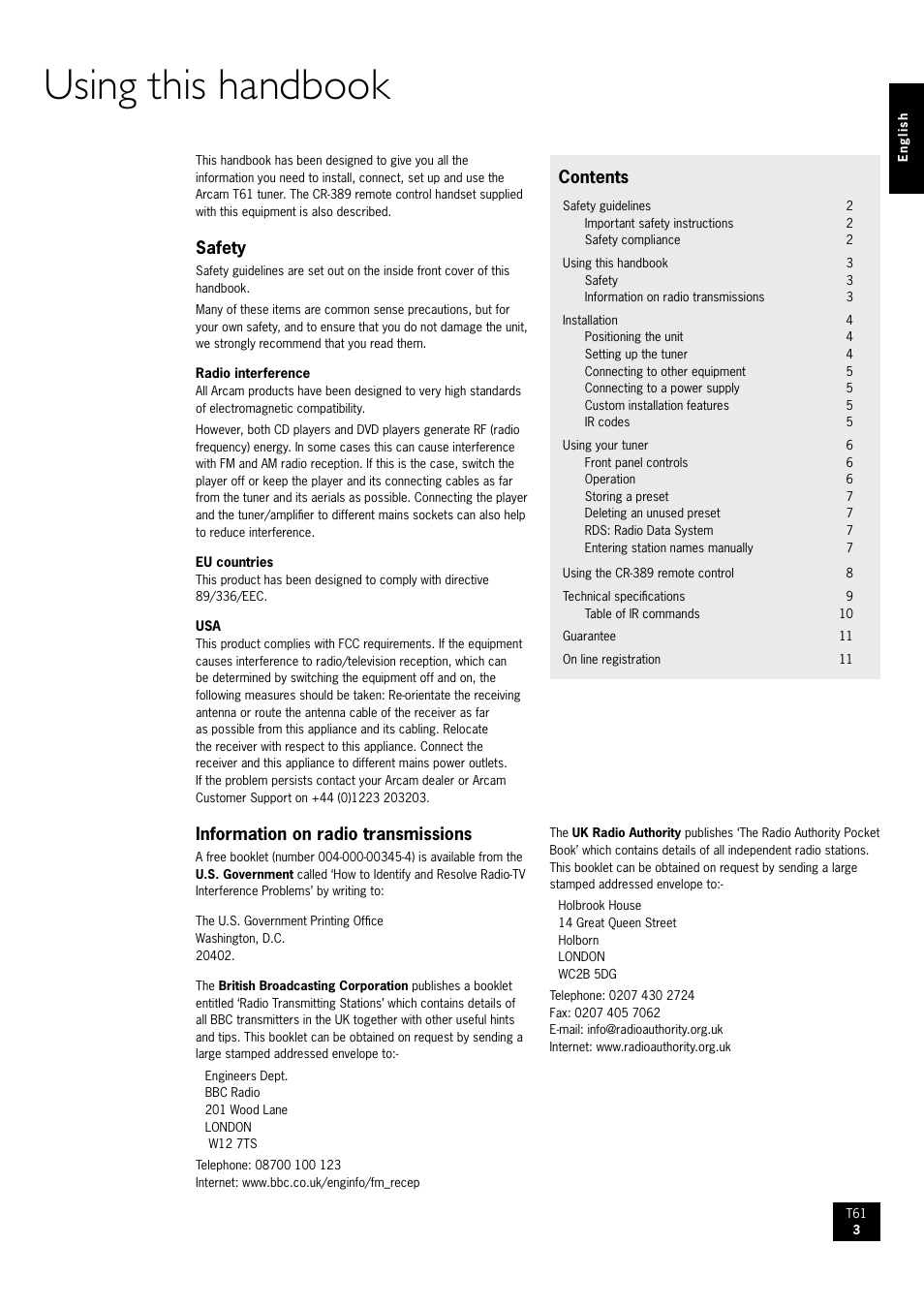 Arcam AM/FM Tuner T61 User Manual | Page 3 / 32