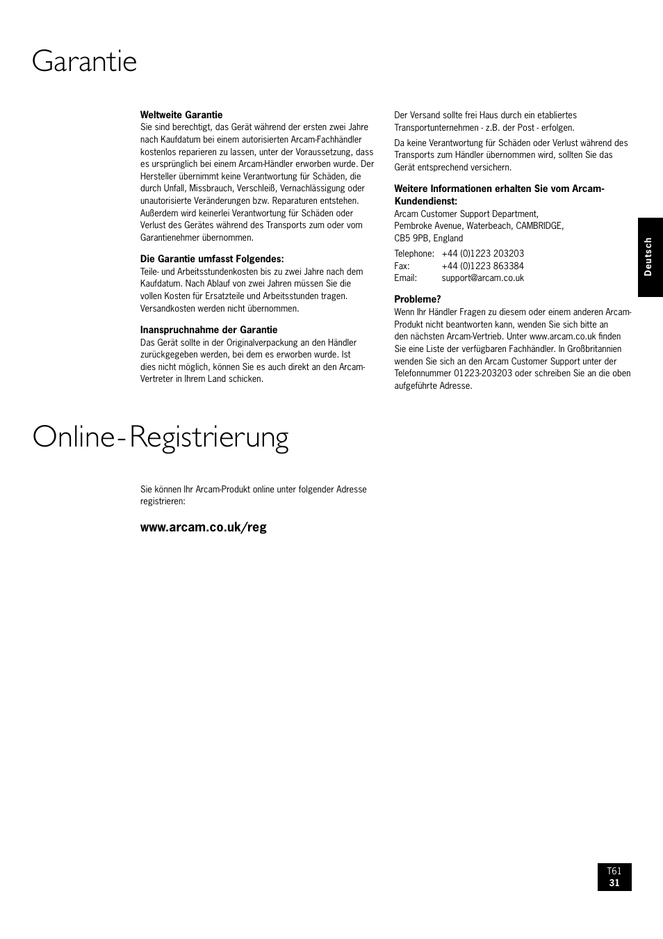 Garantie online-registrierung | Arcam AM/FM Tuner T61 User Manual | Page 31 / 32