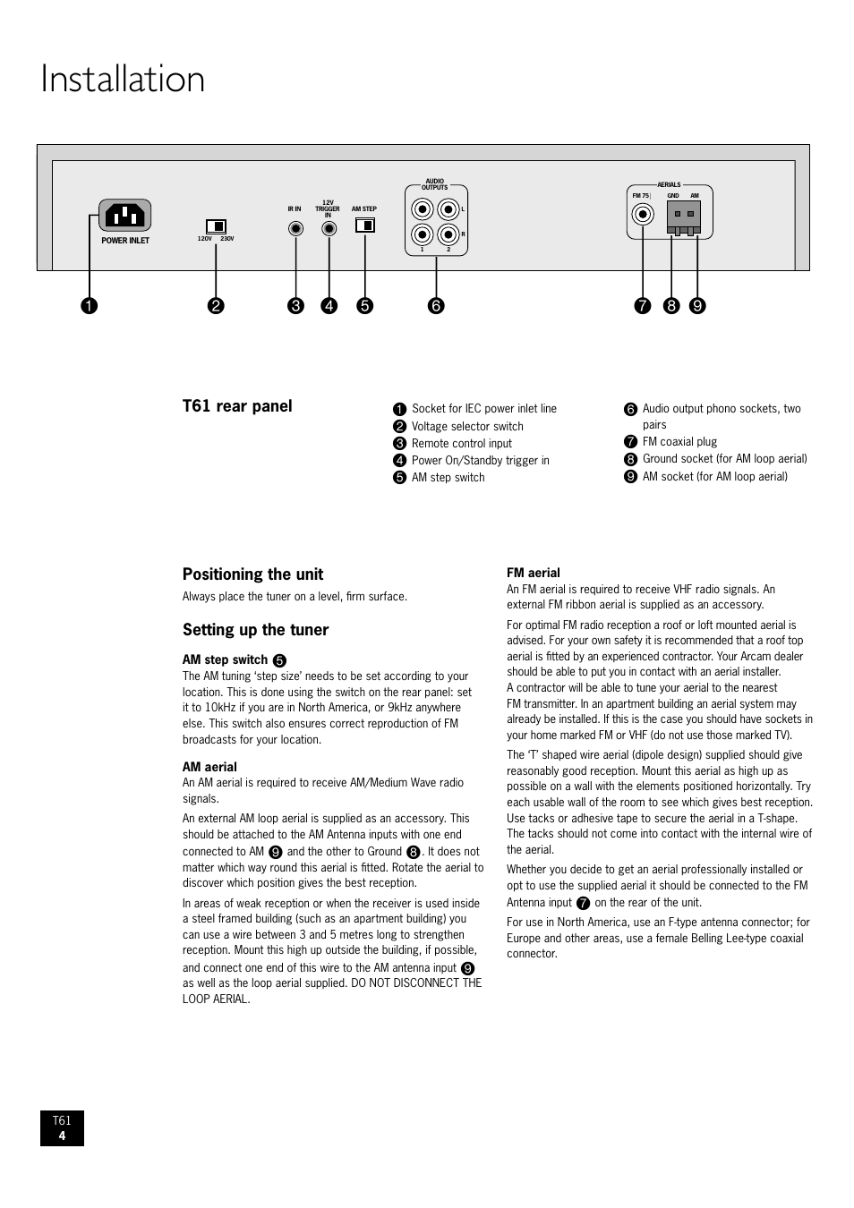 Installation | Arcam AM/FM Tuner T61 User Manual | Page 4 / 32