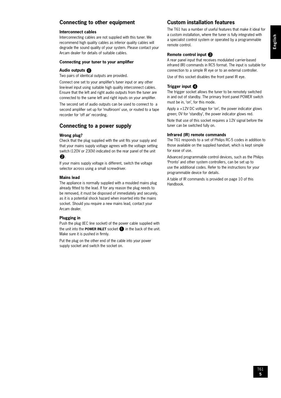 Connecting to other equipment, Connecting to a power supply, Custom installation features | Arcam AM/FM Tuner T61 User Manual | Page 5 / 32