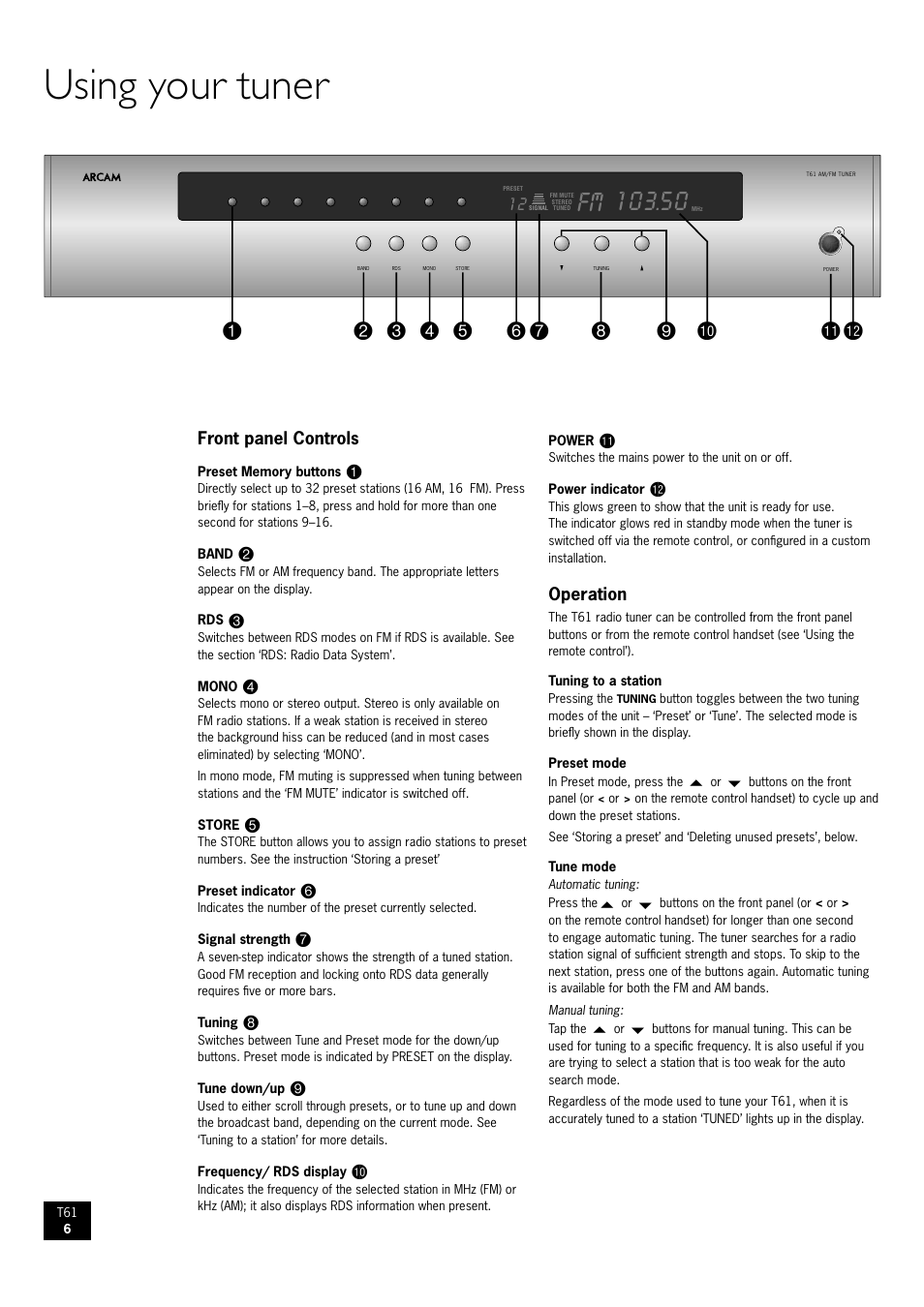 Using your tuner | Arcam AM/FM Tuner T61 User Manual | Page 6 / 32