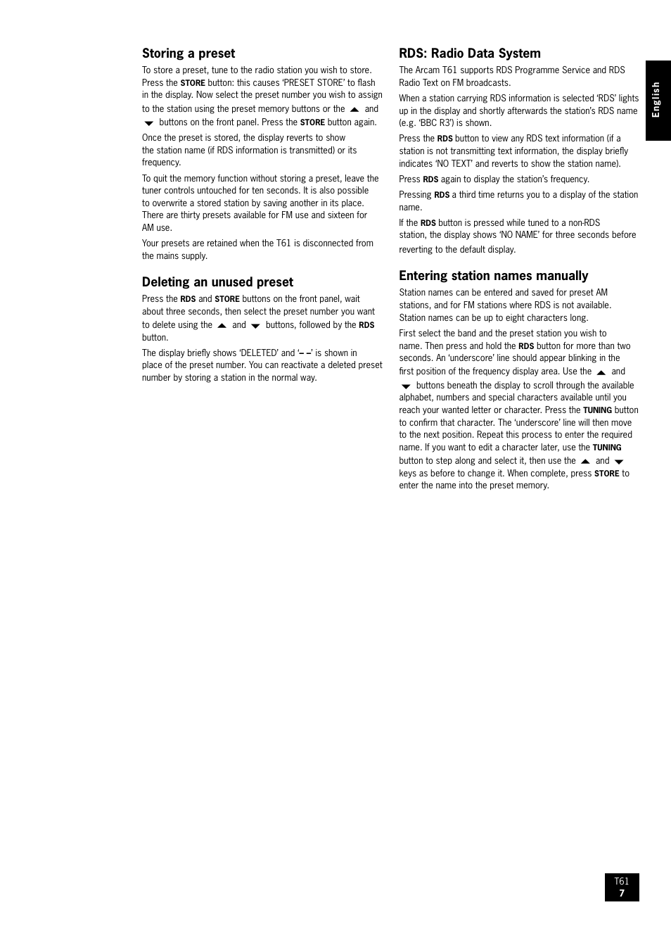 Storing a preset, Deleting an unused preset, Rds: radio data system | Entering station names manually | Arcam AM/FM Tuner T61 User Manual | Page 7 / 32