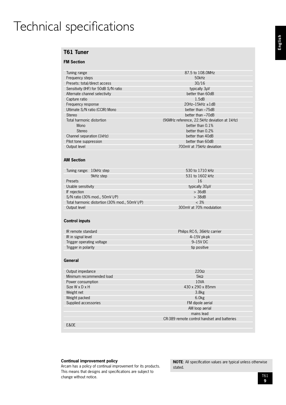 Technical specifications, T61 tuner | Arcam AM/FM Tuner T61 User Manual | Page 9 / 32