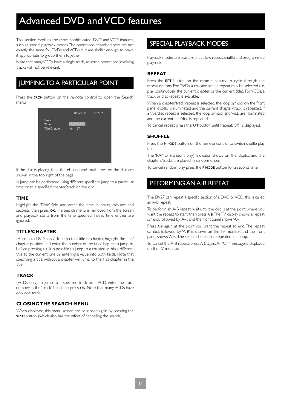 Advanced dvd and vcd features, Jumping to a particular point, Special playback modes | Peforming an a-b repeat | Arcam Progressive Scan DVD Player DV27 User Manual | Page 14 / 21