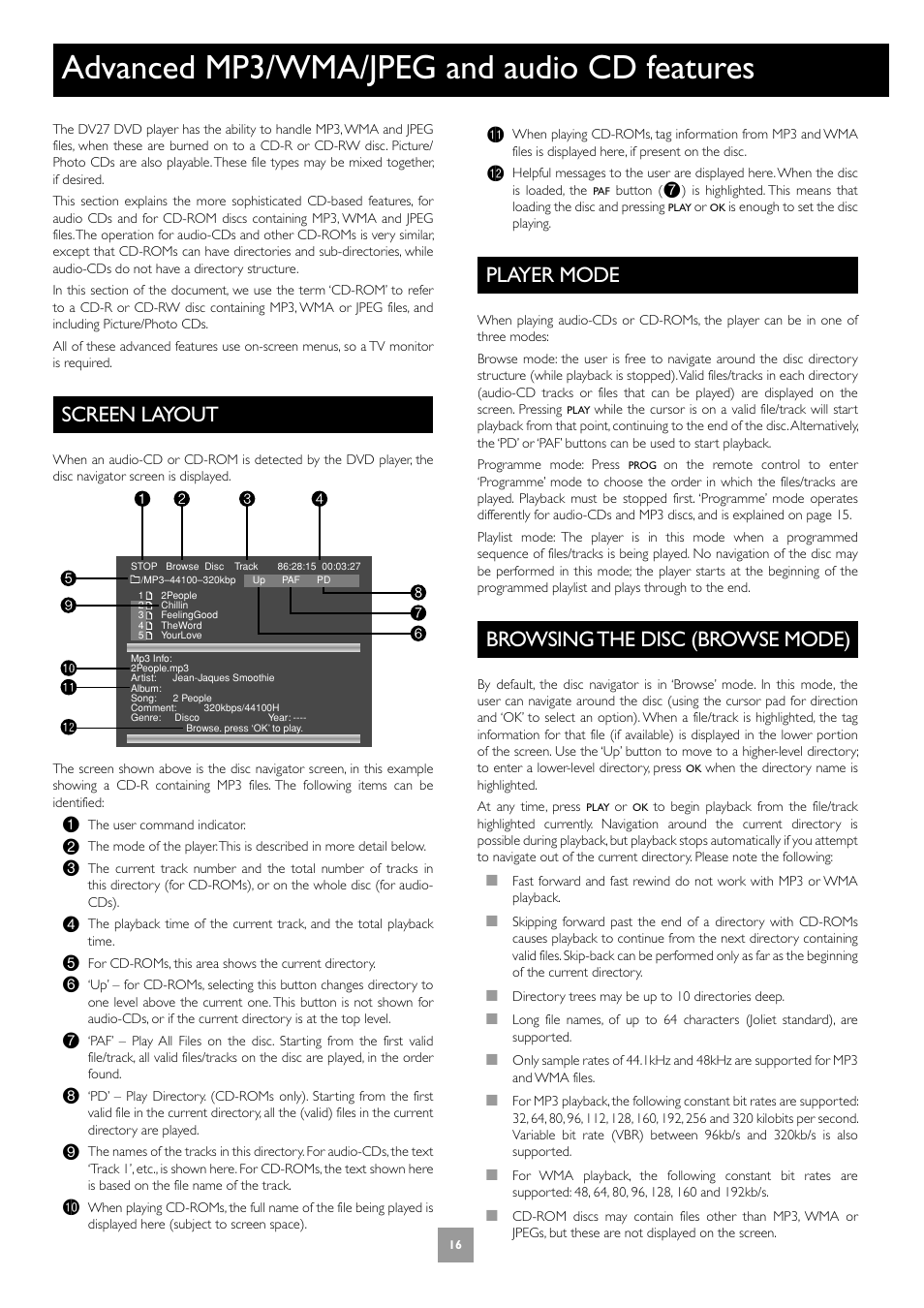 Advanced mp3/wma/jpeg and audio cd features, Screen layout, Player mode | Browsing the disc (browse mode) | Arcam Progressive Scan DVD Player DV27 User Manual | Page 16 / 21