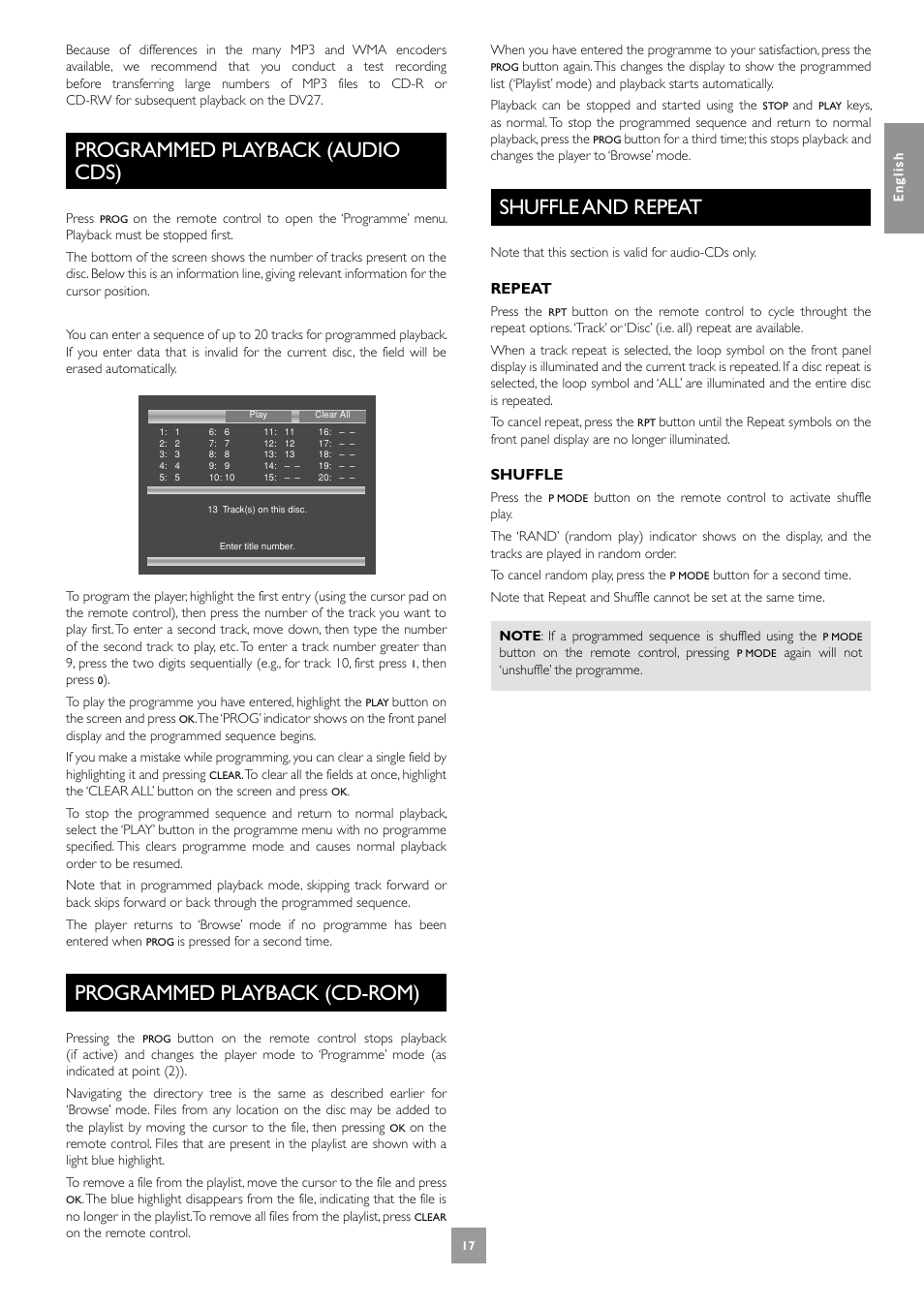 Programmed playback (audio cds), Programmed playback (cd-rom), Shuffle and repeat | Arcam Progressive Scan DVD Player DV27 User Manual | Page 17 / 21