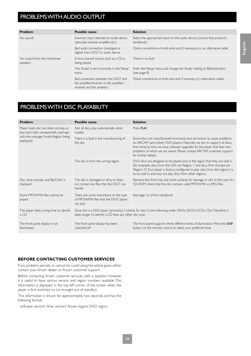 Problems with audio output, Problems with disc playability, Before contacting customer services | Arcam Progressive Scan DVD Player DV27 User Manual | Page 19 / 21