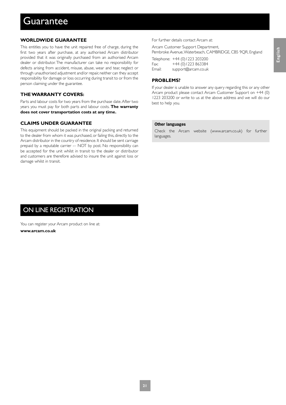 Guarantee, On line registration | Arcam Progressive Scan DVD Player DV27 User Manual | Page 21 / 21