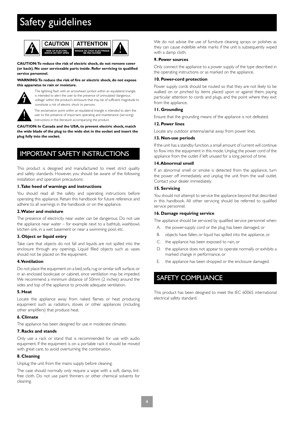 Safety guidelines, Important safety instructions, Safety compliance | Arcam Progressive Scan DVD Player DV27 User Manual | Page 4 / 21